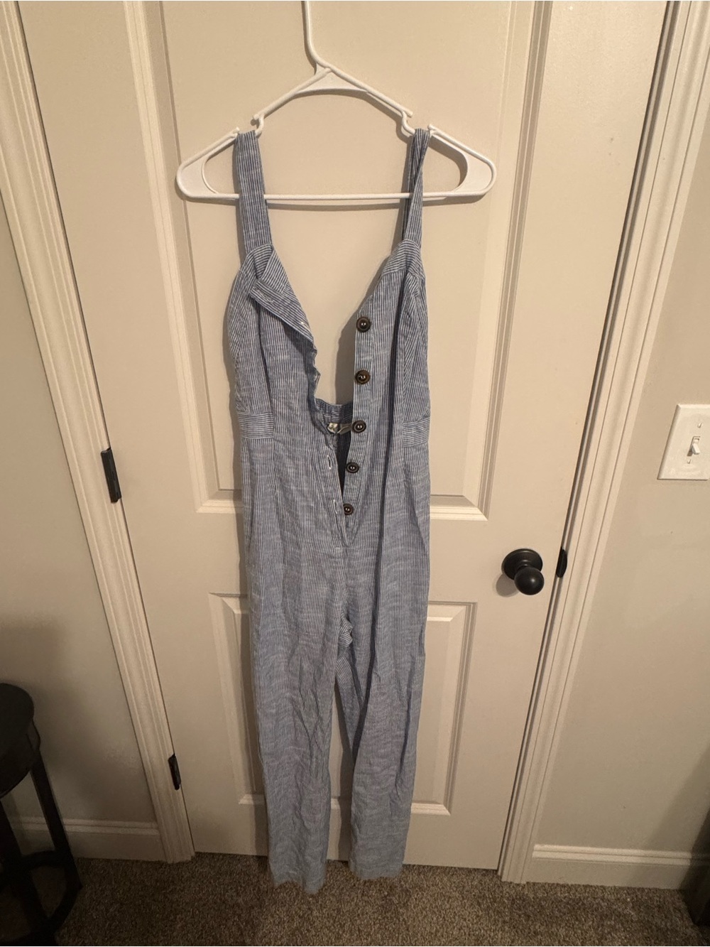 Japna Light Blue Button-Front Linen-Blend Jumpsuit